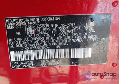 2010 Toyota Rav4 z USA, uszkodzony, nr VIN JTMZF4DV8AD028657